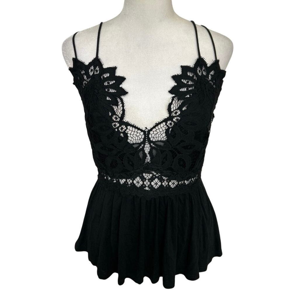 Peach Love California Black Lace Peplum Tank Strappy Boho Indie Festival Top L